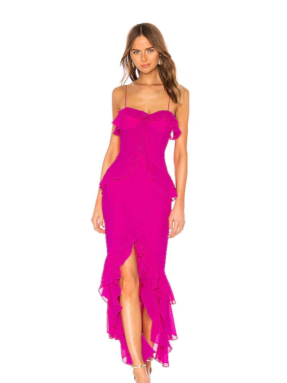 Lovers + Friends Melissa Gown  Fuchsia Ruffle High-Low Spaghetti Strap Dress